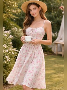 Floral Halter Midi Dress in Cream and Pink